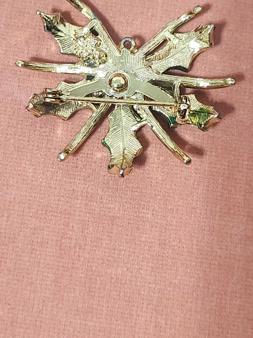Green Holly Leaf Brooch with Red Crystal Center